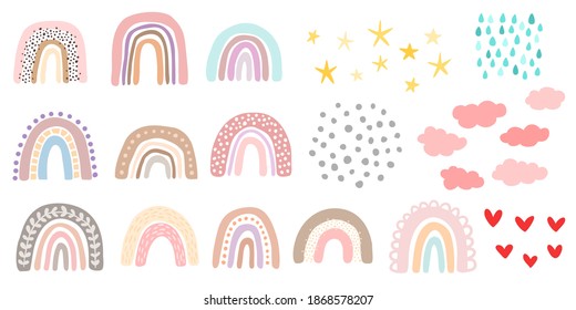 Vector rainbow set, isolated on white background. Cute hand drawn rainbows, clouds, stars, raindrops, hearts and dots.