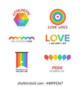 Conjunto vectorial de etiquetas arco iris. Icono del orgullo gay. Corazón de la bandera arcoiris. Plantilla de iconos gays. Elementos de diseño del orgullo gay arco iris vectorial