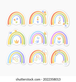 Vektoraufkleber mit Regenbogenfarben für Kinder, Farbverlauf-Farbverlauf von Herzkronen-Sternen