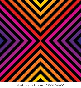 Vector rainbow stripes pattern. Seamless texture with diagonal lines, rhombuses, chevron. Retro 80-90’s fashion style background in bright colors. Abstract repeat geometric ornament. Trendy design