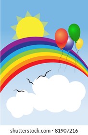 Vector rainbow, sun, balloons and clouds illustration with a place for a text