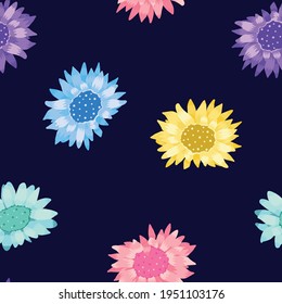 Vector Rainbow Sunflowers on Navy Blue seamless pattern background. Perfect for fabric, scrapbooking and wallpaper projects.