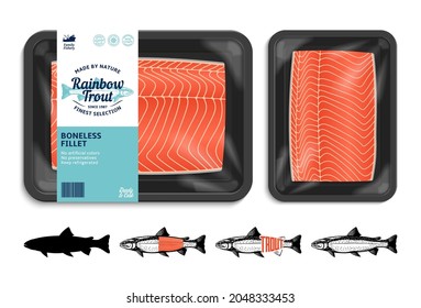 Vektor Regenbogenforelle Verpackungsgrafik mit flachem Seafood-Etikett und Fischfilet. Illustrationen von Forellenfischen und Muster von Speiseaufnahmen