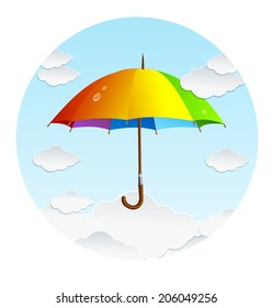 Vector rainbow umbrella and clouds icon. Background