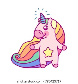 vector rainbow unicorn sticker. Cute cartoon pink animal funny icon. Magic fantasy pink horse with horn Trendy print dream flat graphic illustration Baby patch badge isolated transparent background 01