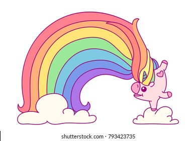 vector rainbow unicorn sticker. Cute cartoon pink animal funny icon. Magic fantasy pink horse with horn Trendy print dream flat graphic illustration Baby patch badge isolated transparent background 06