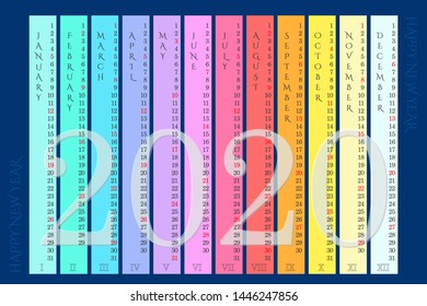 Vector rainbow wall calendar 2020 with vertical months on navy blue background