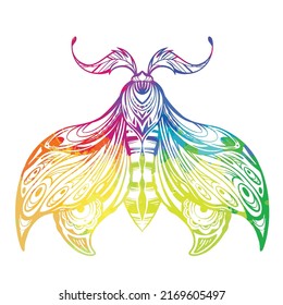 Vector rainbow watercolor drawing of a moth tattoo. Colorful illustration of a moth with tracery ornament. Insect with wings and aquarelle splashes isolated from background.