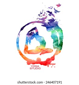 Vector Rainbow Watercolor Label With Creative Zen Symbol And Yoga Pose