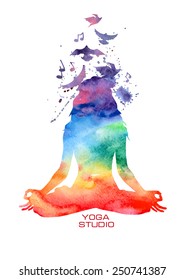 Vector Rainbow Watercolor Label With Woman Silhouette Of Lotus Yoga Pose