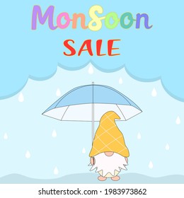 Vector - Rainbow wording "Monsoon Sale" with cute Gnome holding umbrella on raining day background. Can be use for advertising, banner, poster, label or web. Business on season.