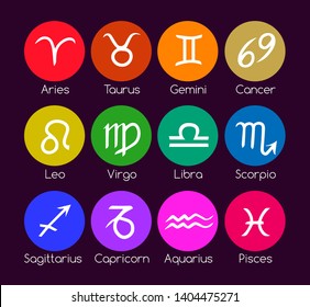 Vector rainbow Zodiac round icons set. Colorful signs on dark background