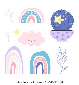 Vector rainbows, hearts and stars. Creative childish scandinavian  texture for fabric, wallpaper, clothes, swaddles, apparel, planner, sticker. Vector illustration.