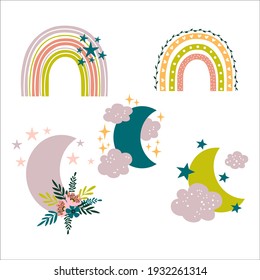 Vector rainbows and moons set. Hand drawn