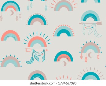 Vector rainbows seamless colorful pattern. Cute boho style for textile, fabric, paper, apparel gender-neutral kid nursery design