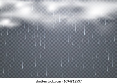 Vector raindrops with clouds isolated on transparent background. Tropical Rainfall. Falling water drops. White Dense clouds. Bad weather conditions illustration. Eps 10.