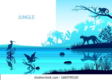 Vector rainforest background with stork, leopard, river, monkey palm trees. Ecological tropical banner with exotic flora and fauna. Horizontal jungle landscape in trendy blue color with copy space