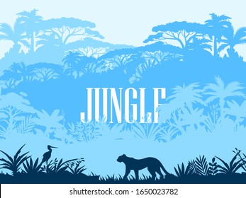 Fondo del bosque vectorial de color azul. Paisaje amazónico con flora y fauna exóticas. Vista de la jungla con silueta de leopardo y cigüeña. Banner de material tropical con espacio para copiar 