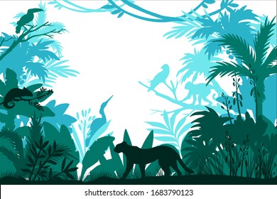 Vector rainforest frame with parrot, lizard, monkey, leopard, palm trees, liana. Ecological tropical banner with exotic flora and fauna. Jungle background with silhouettes of animals, plants and birds