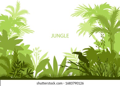 Vector rainforest frame with toucan, palm trees, bamboo, leaves and banana. Ecological tropical banner in green colors and copy space. Jungle background with silhouettes of plants and birds