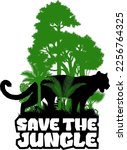 vector rainforest jungle forest with leopard or jaguar. Sublimation sticker with the inscription "Save the jungle"