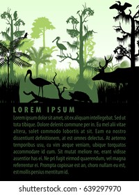 vector rainforest wetland silhouettes in sunset design template with heron, deer, gator, ibis. turtle, kingficher and cormorant