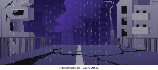 Vector raining in the night ruined city illustration, broken road and buildings, ruins everywhere. Destruction, post-apocalyptic city landscape. Apocalypse, consequences of hurricanes or war concept