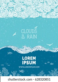 Vector rainy sea background. Doodles white clouds and rain, waves, gulls and underwater life. Hand-drawn swirls, spirals, strokes and curls. There is copy space for your text in the sky and undersea.