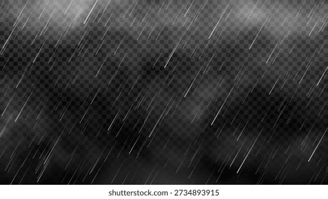 Vector rainy weather overlay effect. Pouring rain and white clouds isolated on dark background. Realistic cloudy and rainy effect. Vector illustration of summer or autumn atmospheric precipitation.