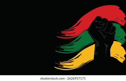 Vector van verhoogde gebalde vuist symboliseert vrijheid met Afrocentrische Juneteenth patroon achtergrond. Bevat copyspace voor tekst. Ideaal voor bevrijdings- en empowermentthema's.