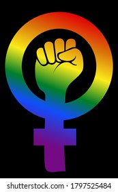 Vector of a raised fist. Feminist symbol with the color of the rainbow on a black background. LGBTQ
