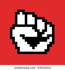 Vector de puño levantado como cursor pixelado - metáfora de la correlación entre las computadoras y la revolución moderna (hackers y hacktivismo, medios sociales y redes de manifestantes) 