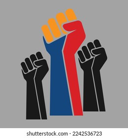 Vector raised fists symbols. Three different color tones illustration isolated on grey background, multiple hands raised up.