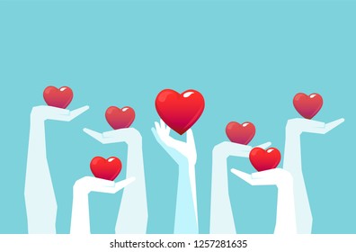 Vector of raised hands holding giving red color hearts isolated on light blue background. Charity volunteering voting concept. 