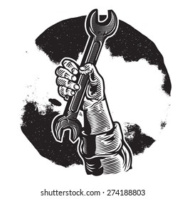 Vector raised hard clenched fist with wrench vintage illustration