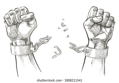 Vector Raising hands. Breaking steel shackles, chain. Get slave free. Concept of rescue, liberation, victory, fight, rebellion, protest. Sketch illustration