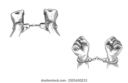 Vector Raising hands. Breaking steel shackles, chain. Get slave free. Concept of rescue, liberation, victory, fight, rebellion, protest. Sketch illustration