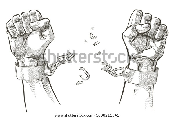Vector Raising hands. Breaking steel\
shackles, chain. Get slave free. Concept of rescue, liberation,\
victory, fight, rebellion, protest. Sketch\
illustration