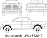 Vector RAM 1500 truck line art from views side back front