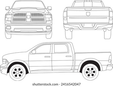 Vector RAM 1500 truck line art from views side back front