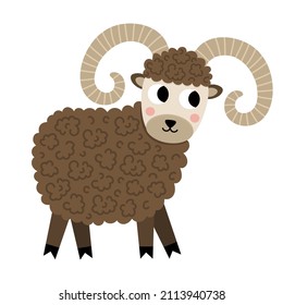 Vector Ram Icon. Cute Cartoon Male Sheep Illustration For Kids. Farm Animal Isolated On White Background. Colorful Flat Cattle Picture For Children
