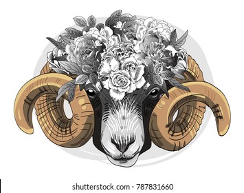 Vector ram with wreath. Hand drawn illustration of sheep and flowers.