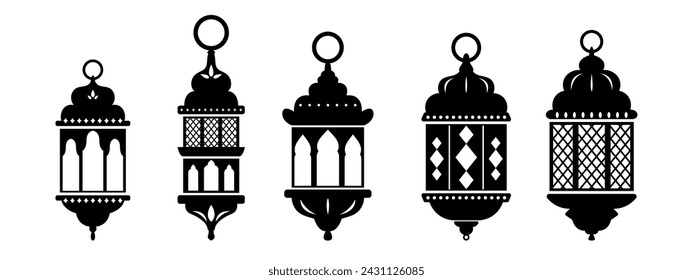 Vector Ramadán arábigo linternas islámicas formas negras conjunto aislado en blanco. Siluetas de lámparas vintage. Estilo árabe oriental clipart.