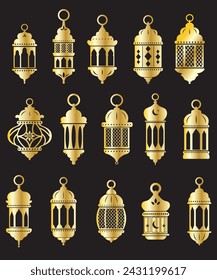 Vector Ramadan arabian islamic lanterns golden shapes set isolated. Vintage lamps silhouettes. Arabesque eastern style clipart.