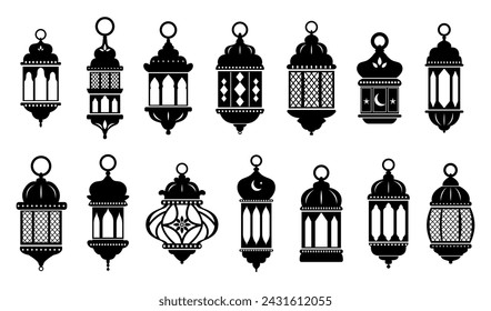 Vector Ramadán arábigo linternas islámicas formas negras conjunto aislado en blanco. Siluetas de lámparas vintage. Estilo árabe oriental clipart.