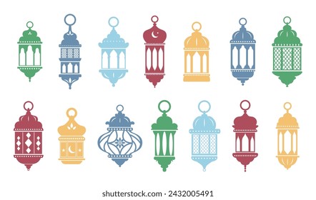 Vector Ramadan arabian islamic lanterns color shapes set isolated on white. Vintage lamps silhouettes. Arabesque eastern style clipart