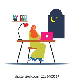 Vector ramadan flat illustration of young muslim  working on laptop at the office.

