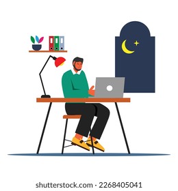 Vector ramadan flat illustration of young muslim  working on laptop at the office.
