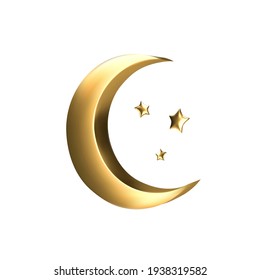 Vector Ramadan golden symbol. Realistic 3d gold crescent and stars.