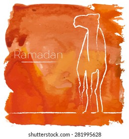 Vector Ramadan greeting with camel,  Islamic greeting card for Ramadan Kareem with aquarelle